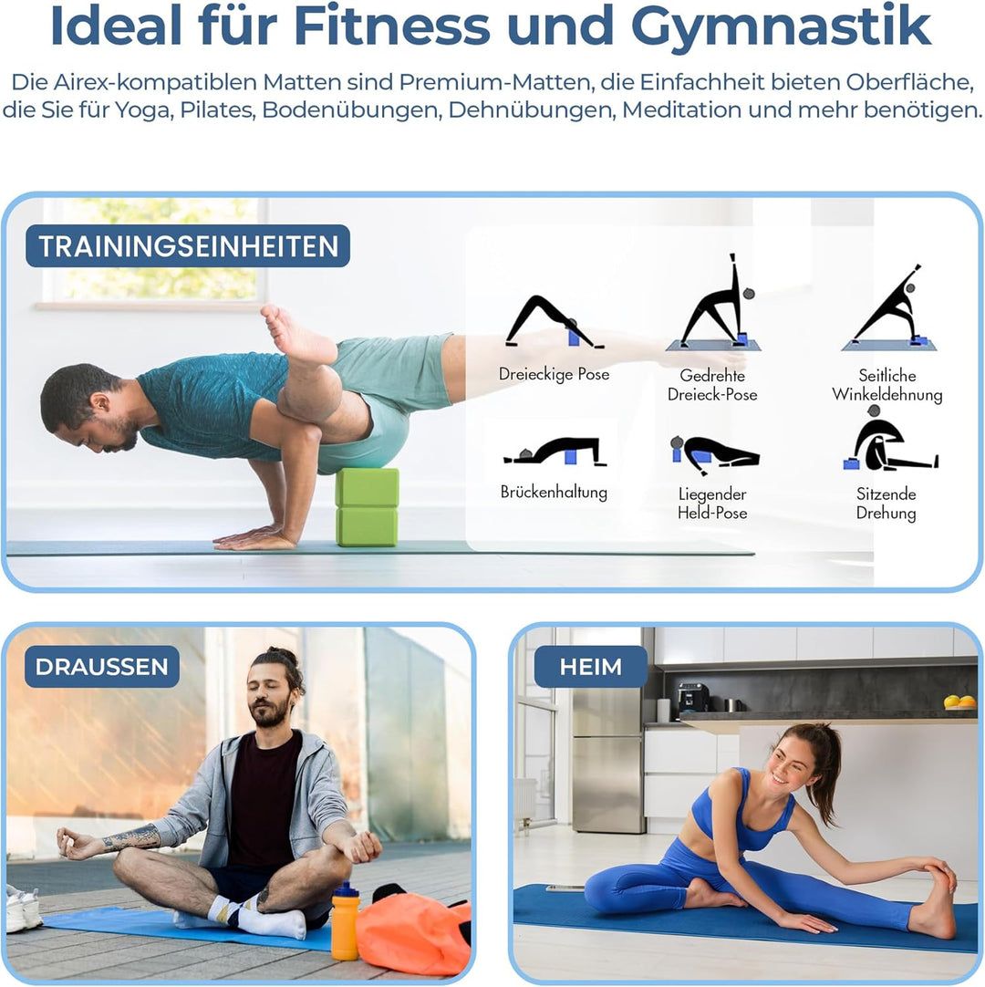 Yogamatte Set mit Yogablöcken – Rutschfeste gepolsterte Fitnessmatte inkl. Tragetasche mit Schulterg