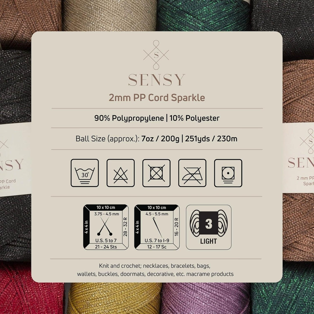 2 Garnstrange Sensy Premium 2 mm 230 Meter Glitzer Polyester-Seil, 90% Polypropylen, 10% Polyestersc