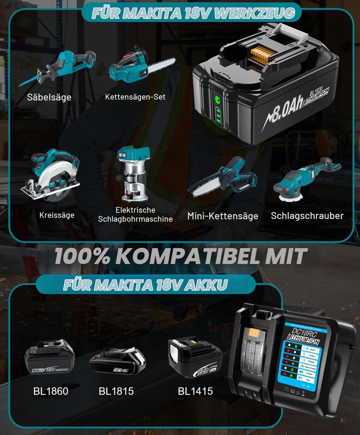 2026 Upgrade 2 Stück 8.0Ah/8000mAh BL1830 Batteries Ersatzakku für makita 18V Akku BL1830B BL1840 BL