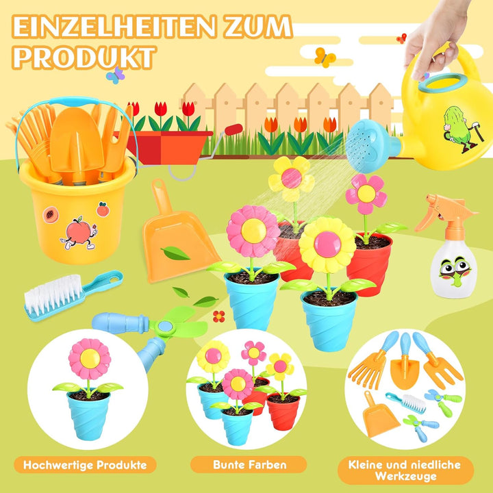 Kinder Gartengeräte Gartenspielzeug, Gartenwerkzeug Set mit Rechen Giesskanne Schaufel Harke Garten