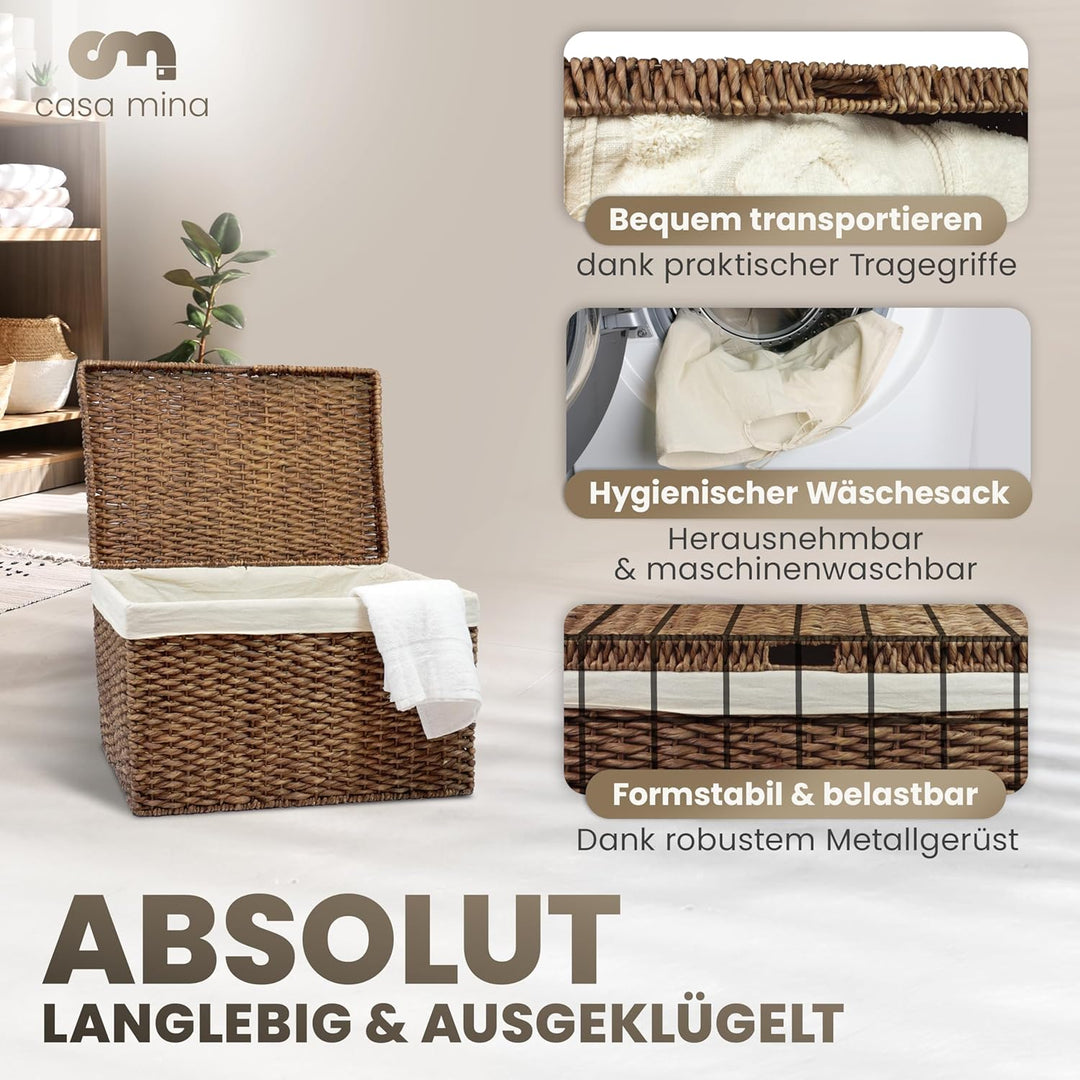 Casa Mina® Wäschetruhe mit Deckel 50 x 28 x 36cm hoch I Atmungsaktive Wäschetruhe geflochten aus 100