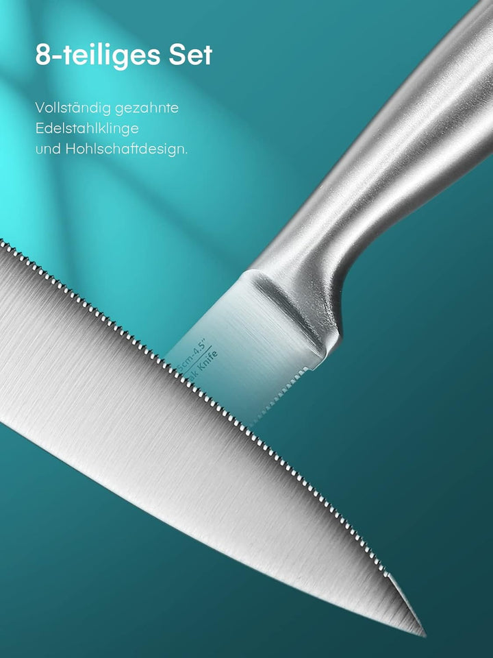 D.Perlla Steakmesser Set, Edelstahl Steakbesteck Set für 8 Personen, Schärfer Länger Steakmesser mit