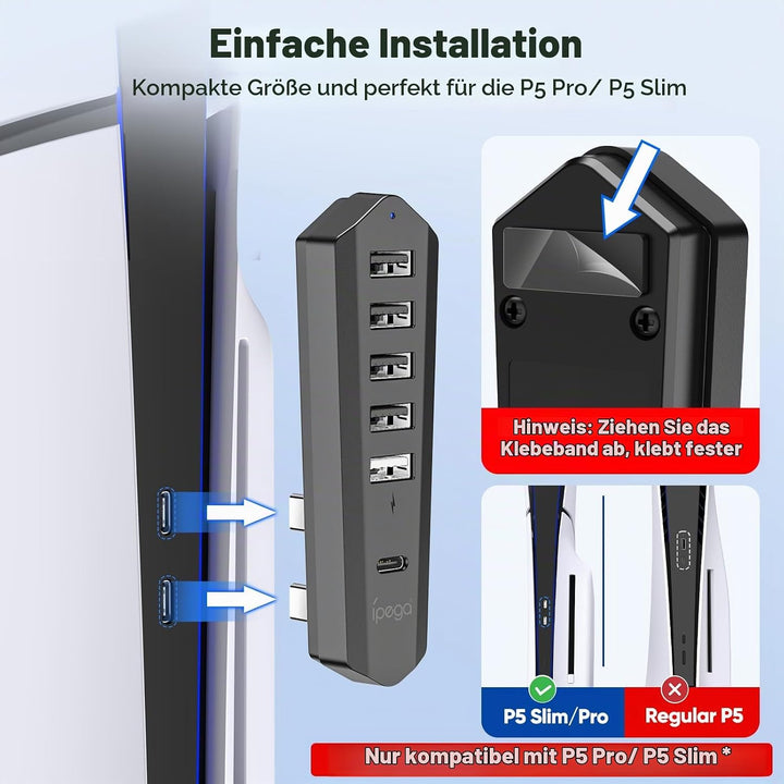 Auarte USB Hub für PlayStation 5 Pro/Slim Console, 1 Typ C 3.1 Anschluss, 4 USB 2.0 Anschlüsse, 1 US