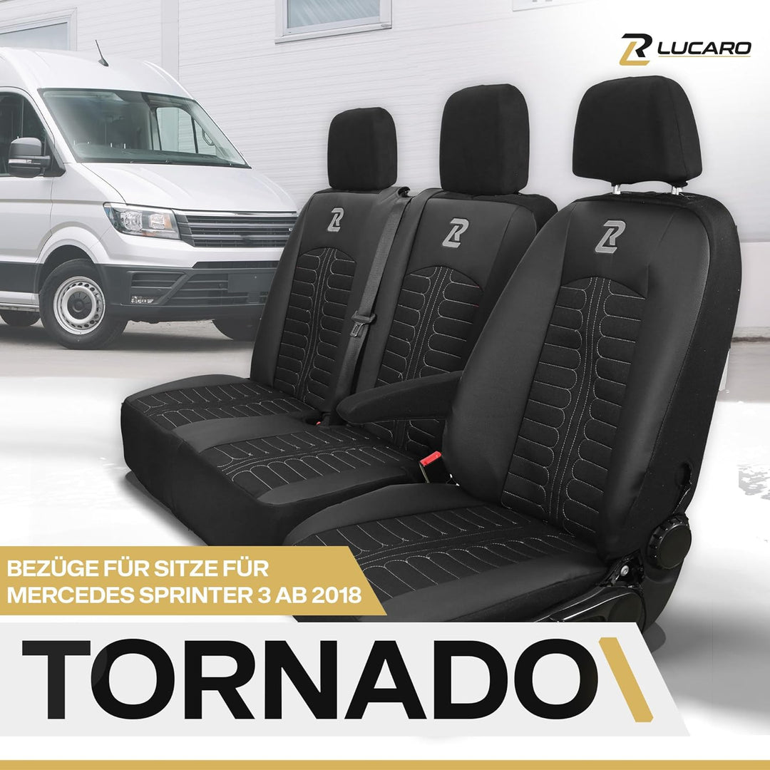LUCARO Sitzbezüge Auto für Mercedes Sprinter 3 ab 2018 - Sitzbezügesets 1+2 - Auto Sitzbezüge Schwar