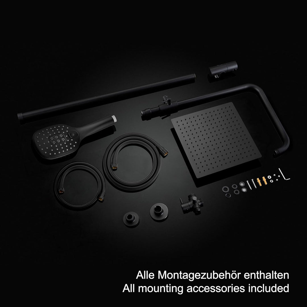 JOHO Regendusche Duschsystem ohne Armatur, Edelstahl Duschset mit Kopfbrause 20x20cm schwarz 2020MB