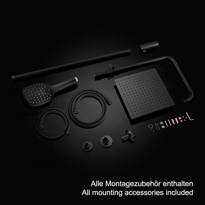 JOHO Regendusche Duschsystem ohne Armatur, Edelstahl Duschset mit Kopfbrause 20x20cm schwarz 2020MB