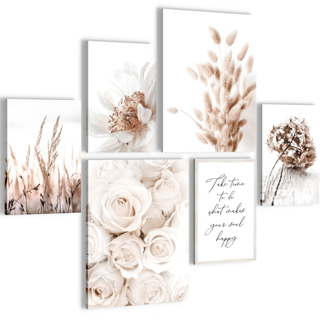 Novart Bilder Set - AUFHÄNGFERTIG - KEIN EXTRA RAHMEN BENÖTIGT - Boho Blumen Modern Beige - Wohnzimm