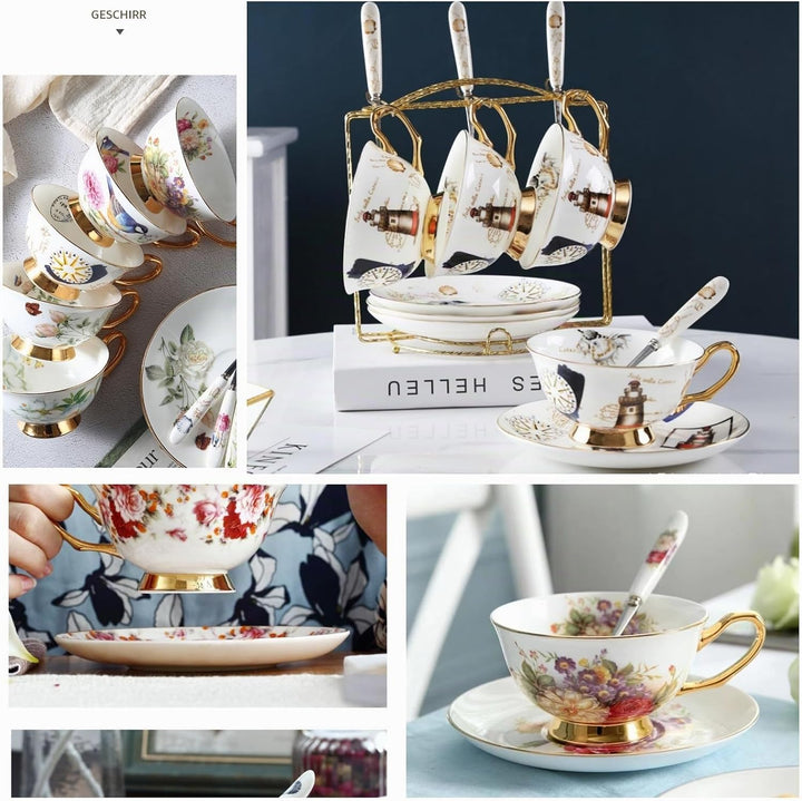 8 Stück Europäischen Blumen Tee Set,Bone China Tee Set Service Kaffee Set, 9 Optionen.Mit Geschenkbo