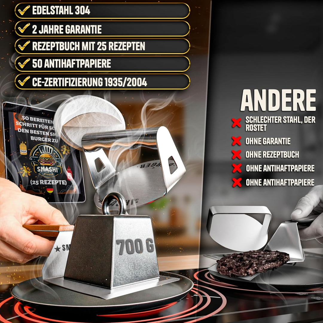 SMASHI® Smash Burger Set Professionell aus Edelstahl 304 – EU-Zertifiziert für Lebensmittelkontakt |