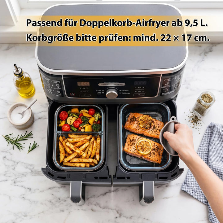 BYKITCHEN 2 Stück Glas Auflaufform für Airfryer mit Deckel & Silikon Ofenhandschuhe, Airfryer Zubehö