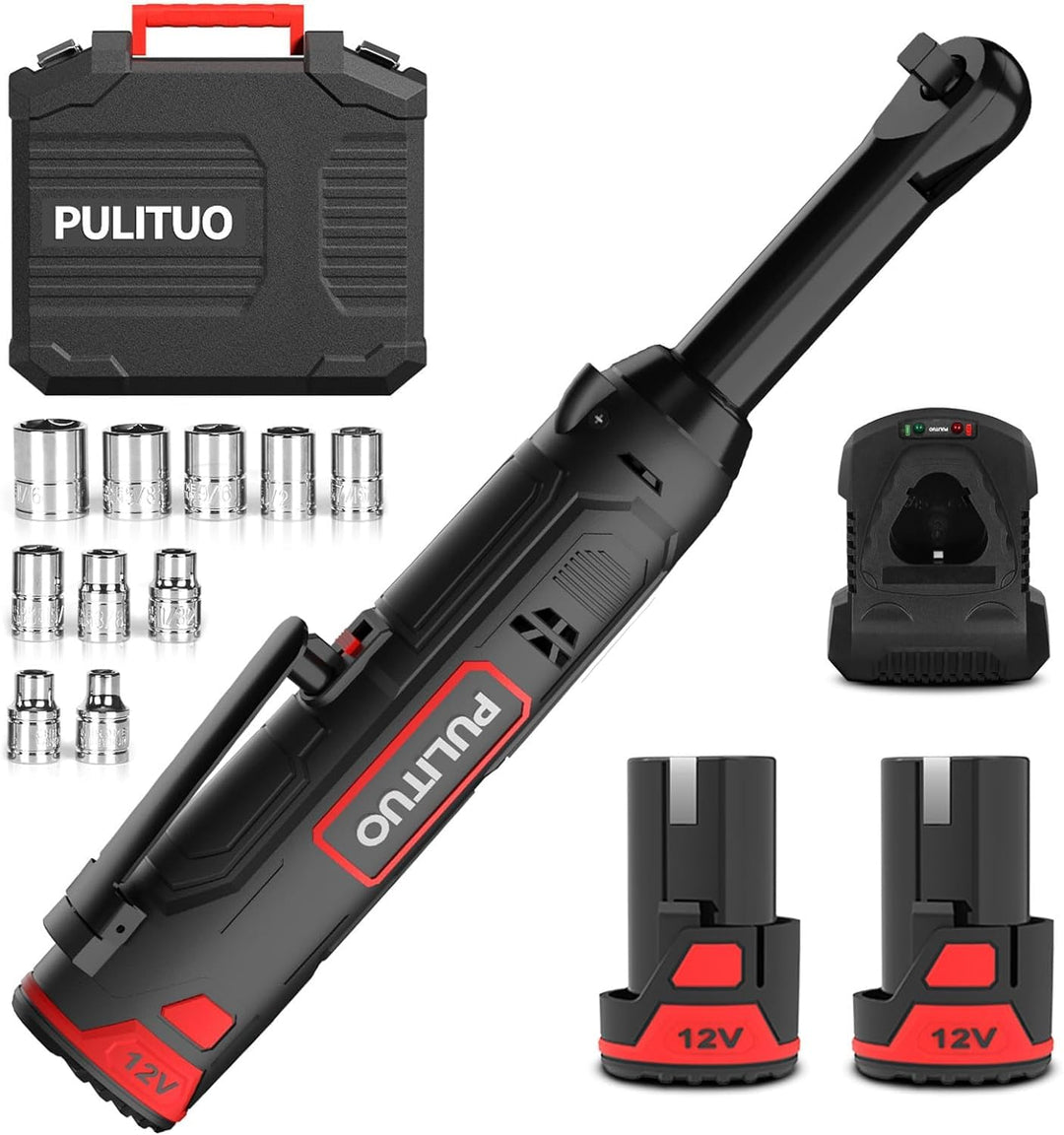 PULITUO 12V 3/8" verlängertem Hals Elektrische Ratschenschlüssel Set, 40Ft-lbs verlängerter Akku Rat