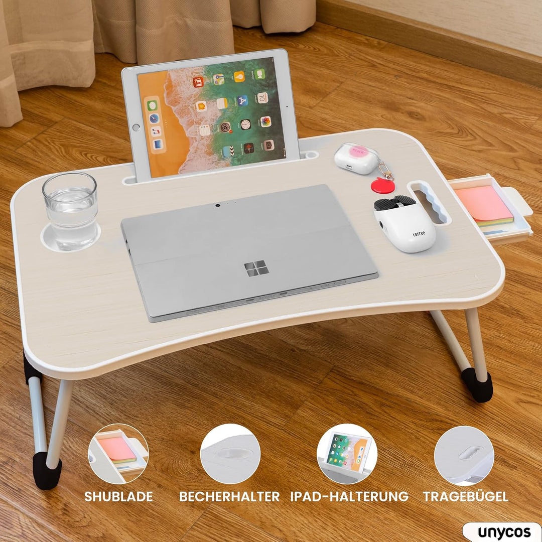 unycos - Betttablett Klappbar, Frühstückstablett mit Griff und Getränkehalter, Serviertisch, Ideal f