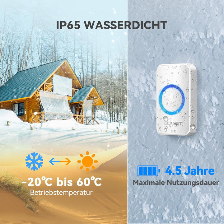 TECKNET Funkklingel, Kabellose Türklingel Funk Set 400m Reichweite, IP65 Aussen Wasserdicht Haustür