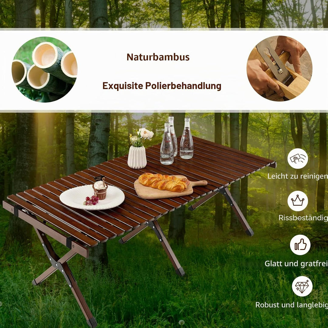 KOMFOTTEU Campingtisch faltbar aus Bambus, Picknicktisch klappbar mit Tragetasche, Klapptisch tragba