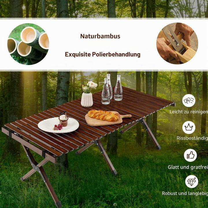 KOMFOTTEU Campingtisch faltbar aus Bambus, Picknicktisch klappbar mit Tragetasche, Klapptisch tragba