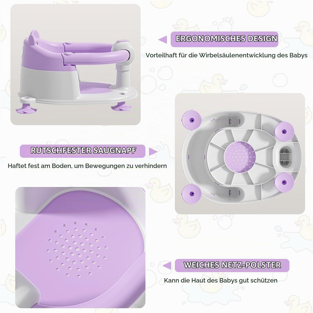 Badewannensitz Baby ab 6 Monate, Bär Rutschfester Badesitz Baby mit 4 Saugnäpfen und Kissen für Klei