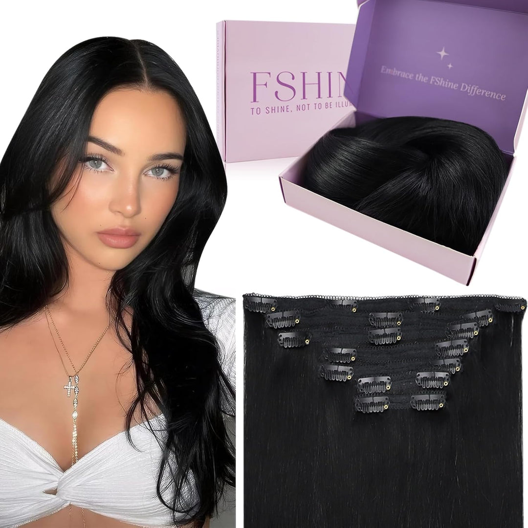 Fshine Clip in Extensions Echthaar Schwarz 60cm 120 Gramm Human Straight Haar Doppelt Weft Extension