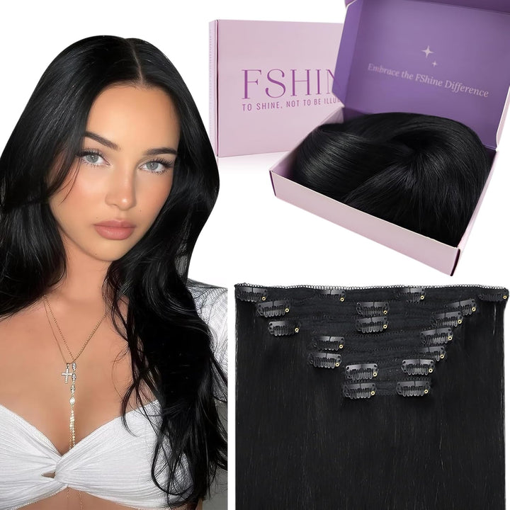 Fshine Clip in Extensions Echthaar Schwarz 60cm 120 Gramm Human Straight Haar Doppelt Weft Extension