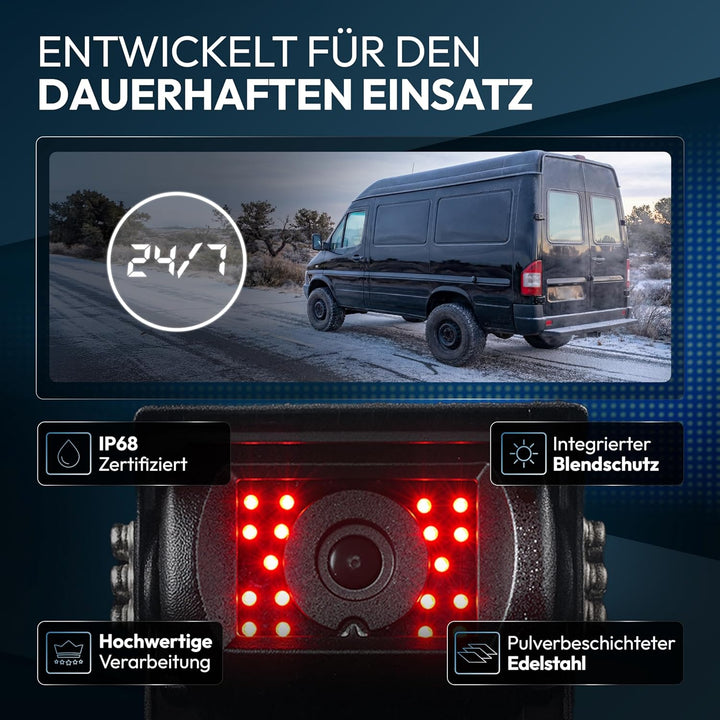 VSG24 Rückfahrkamera Set für Wohnmobile &amp; Camper mit 2 Kameras und 7 Zoll Monitor – kabelgebunden, w