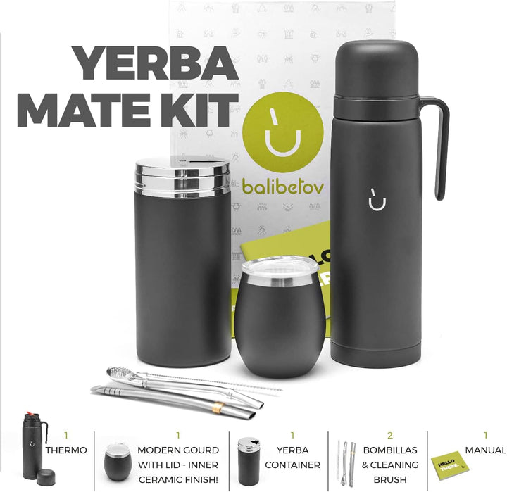 BALIBETOV Komplettes Yerba Mate Set – Moderner Mate Gourd, Thermos, Yerba Behälter, zwei Bombillas u