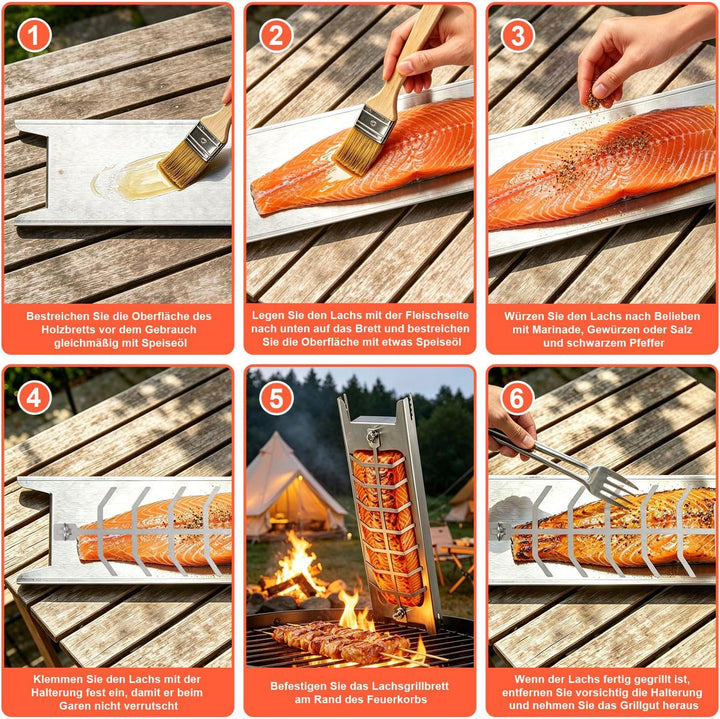 Flammlachsbrett 2er-Set 5-Fach neigbar, ohne Wässern 59,5x16x3,6cm Edelstahl 2, Edelstahl 2