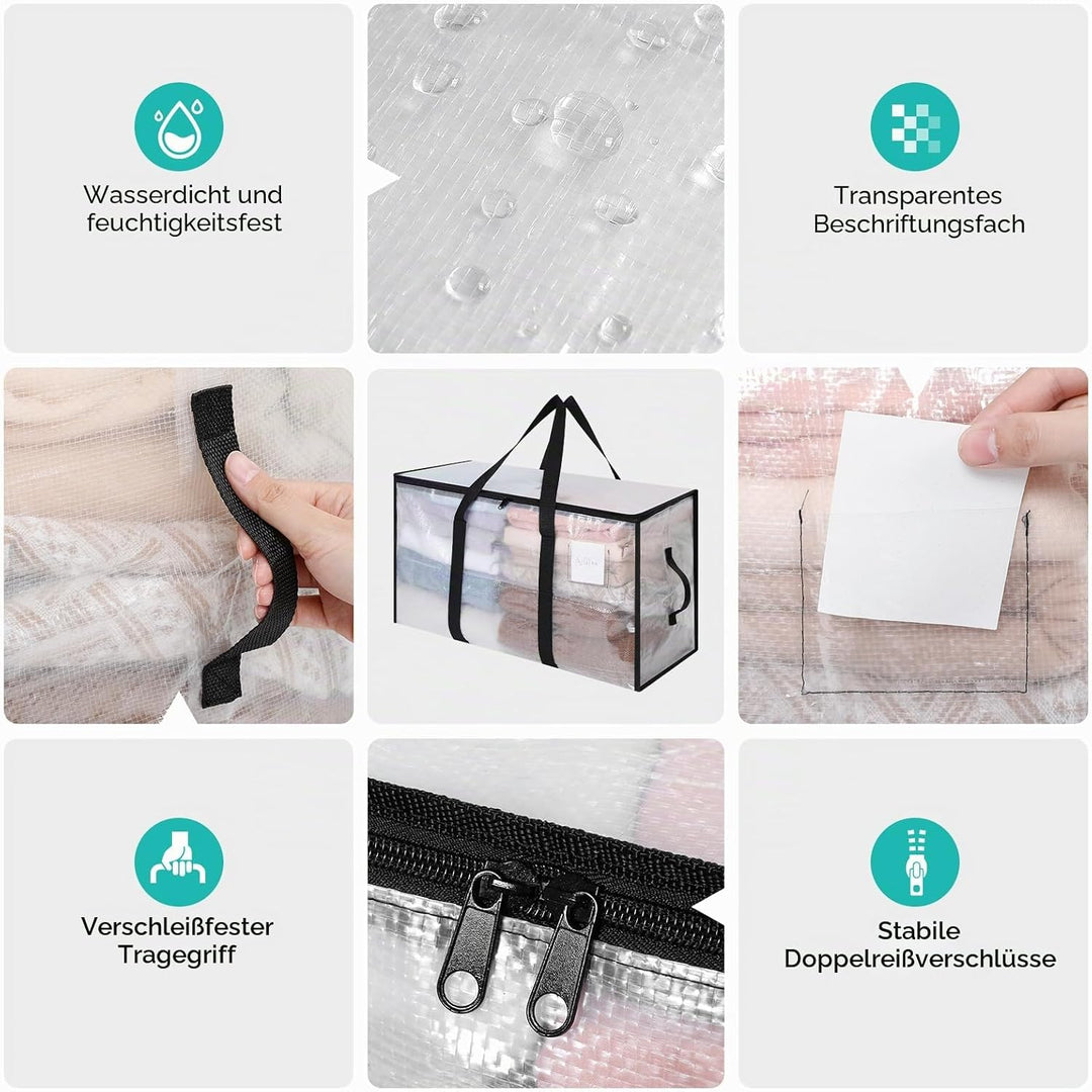 AiQInu 2 Stück 72 L Aufbewahrungstasche mit Deckel, Wasserdicht Umzugskartons Transparente mit Reiss