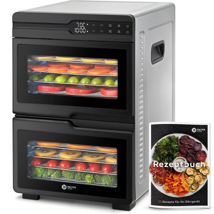 Balter Dörrautomat Edelstahl mit 2 Kammern & 12 Etagen, 1000 W, 8800 cm² Dörrfläche, BPA-frei, 35–75