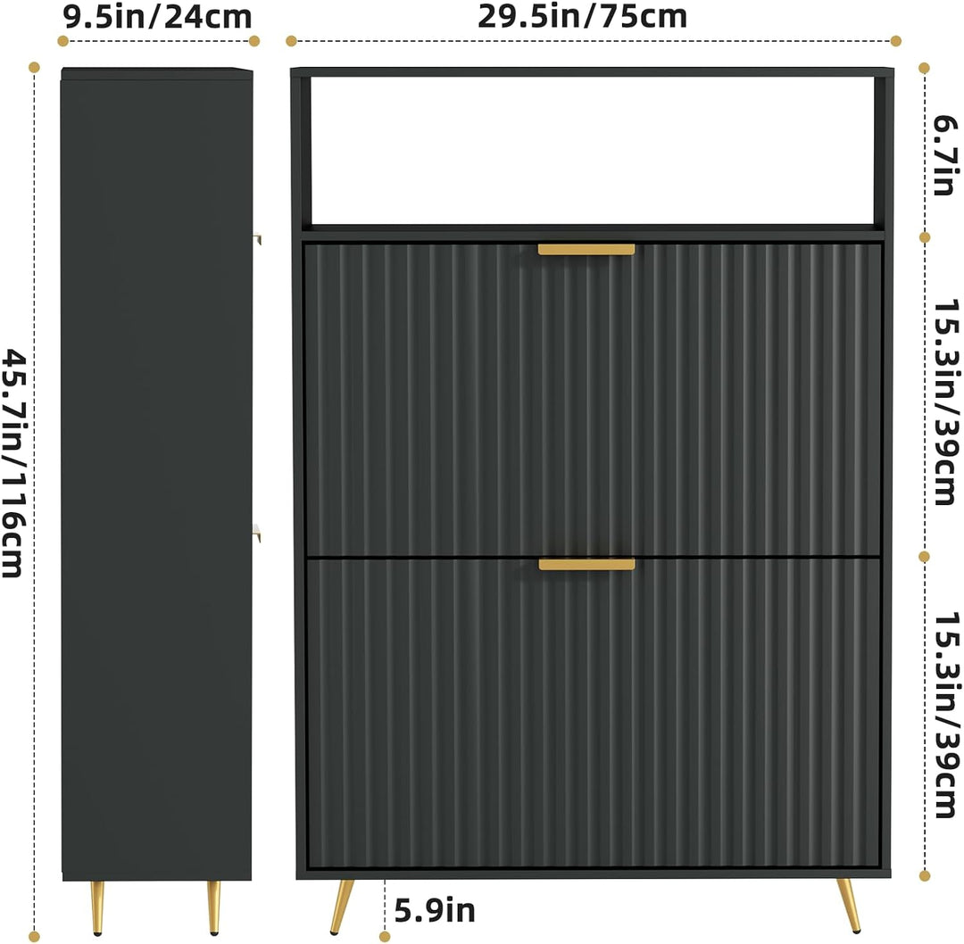 Urban Deco Schuhschrank Schwarz, 75 x 24 x 116 cm, Schuhkipper mit 2 Klappen, Schuhregal Schmal mit