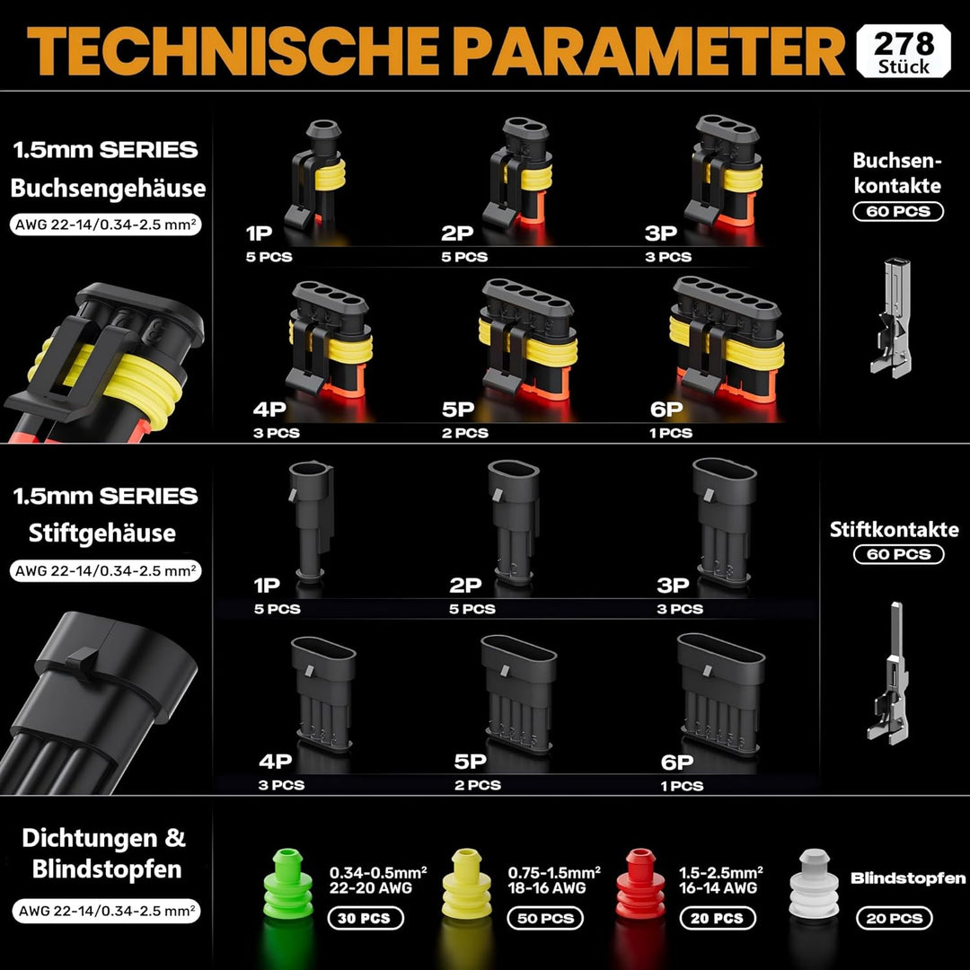 SOMELINE Crimpzange Wasserdicht Kfz Stecker Set, Crimpzange [0,34–2,5mm²], mit 1/2/3/4/5/6 Pin Kabel
