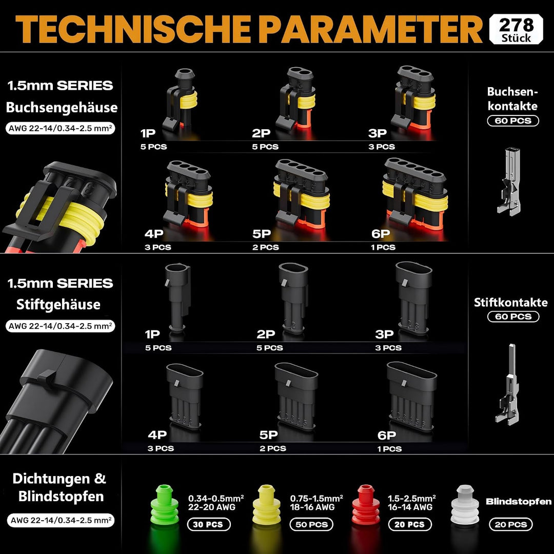 SOMELINE Crimpzange Wasserdicht Kfz Stecker Set, 1/2/3/4/5/6 polig Steckverbinder, mit 0,34–2,5 mm²