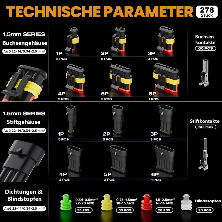 SOMELINE Crimpzange Wasserdicht Kfz Stecker Set, 1/2/3/4/5/6 polig Steckverbinder, mit 0,34–2,5 mm²