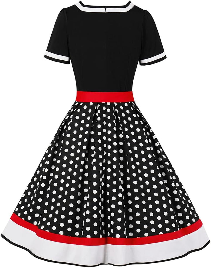 Odizli Rockabilly Kleider Damen 50er Jahre Vintage Kurzarm V-Ausschnitt Polka Dot Swing Coctailkleid