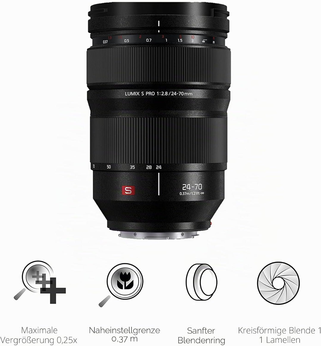 Panasonic S-E2470E LUMIX S PRO Objektiv (24-70mm, F2.8, Staub, Spritzwasser und Kälteresistent) Schw