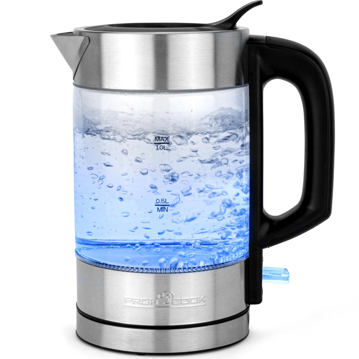 ProfiCook Wasserkocher Glas Edelstahl mit LED Beleuchtung 1 Liter, hitzebeständiger Glaswasserkocher
