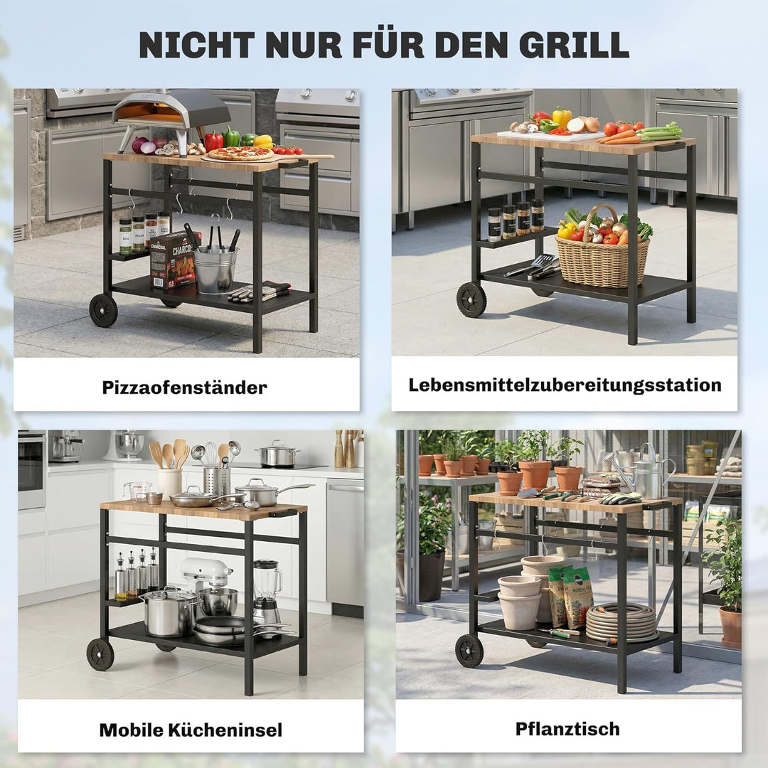 Outsunny Küchenwagen mit Rollen, Servierwagen, Rollwagen mit Haken, Getränkehalter, Küchenhilfe, BBQ