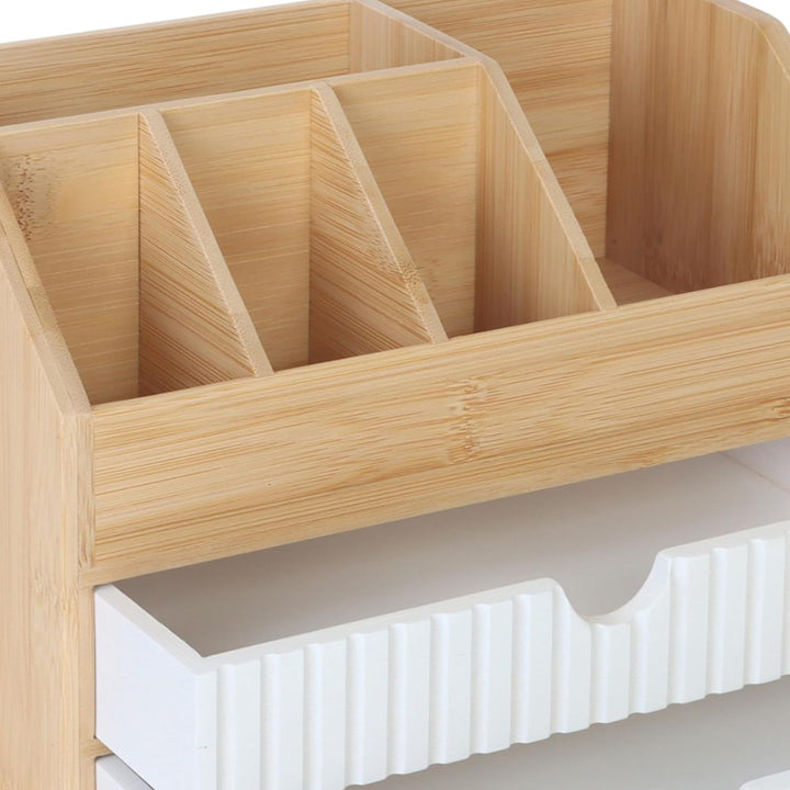 Relaxdays Schreibtisch Organizer, Schubladen & Fächer, HxBxT: 19 x 24 x 14 cm, Bambus & MDF, Büroauf