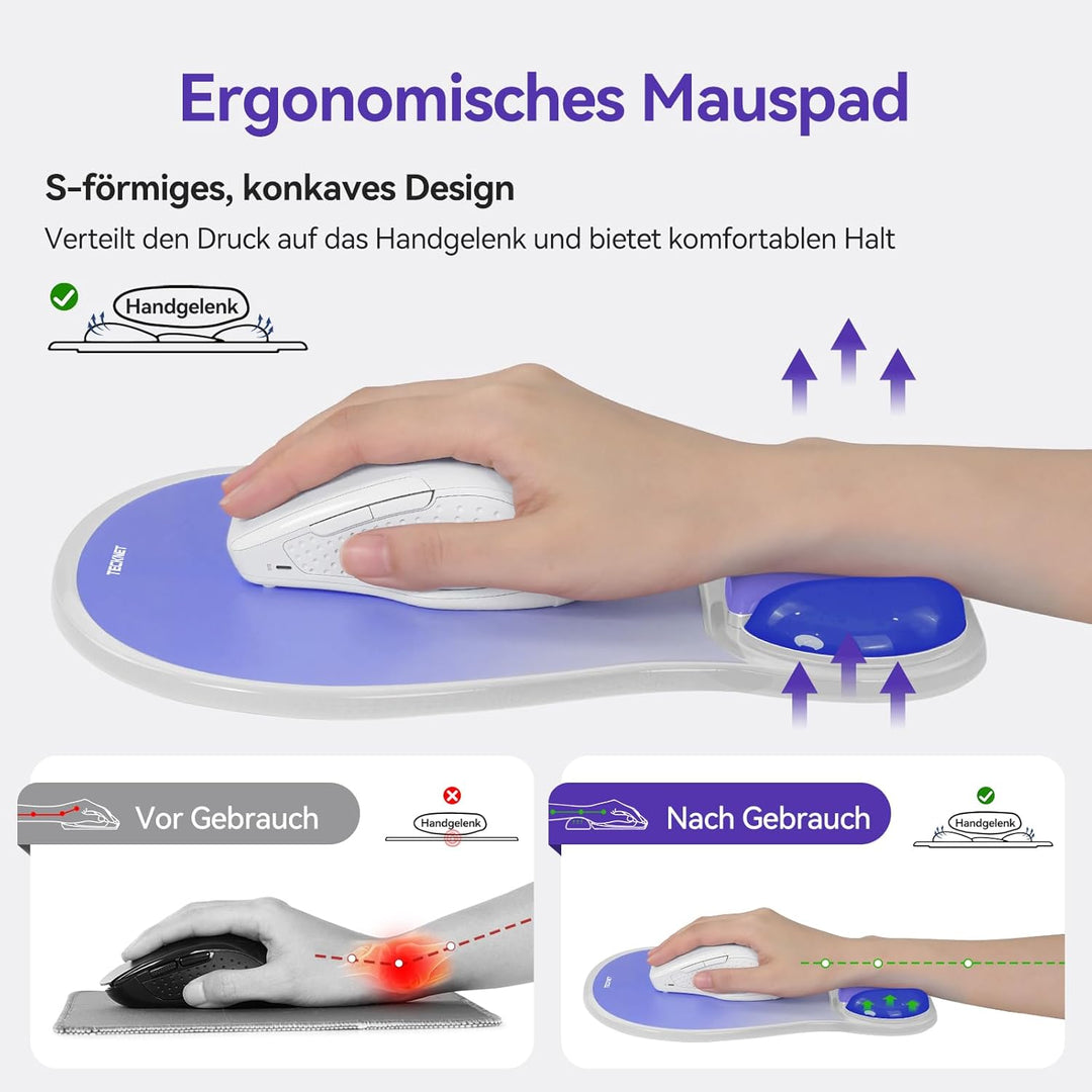 TECKNET Gel-Mauspad mit Handgelenkauflage, ergonomisches Mauspad mit Gelkissen Handgelenkstütze zur