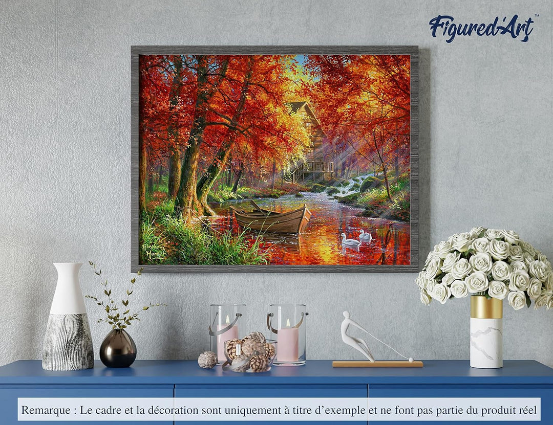 Figured'Art Malen Nach Zahlen Erwachsene Boot am Herbstlichen Fluss - Paint by Numbers Basteln DIY B
