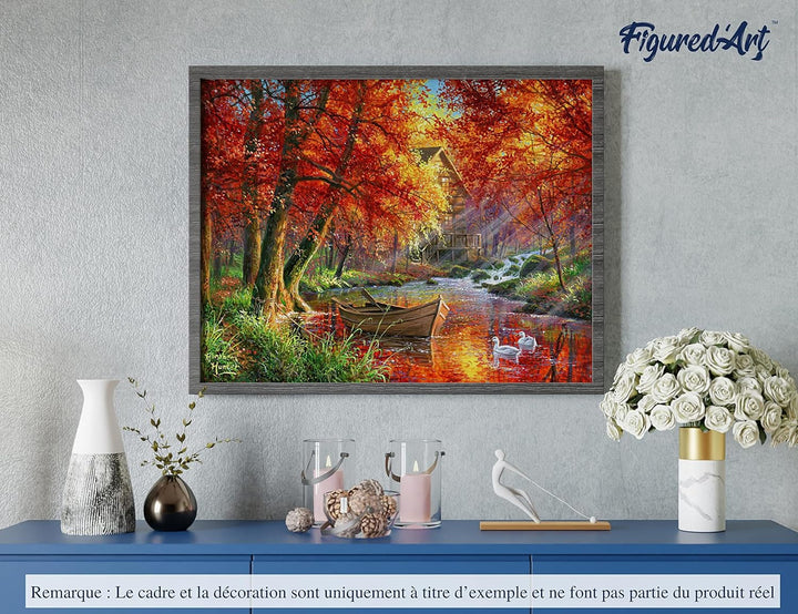 Figured'Art Malen Nach Zahlen Erwachsene Boot am Herbstlichen Fluss - Paint by Numbers Basteln DIY B