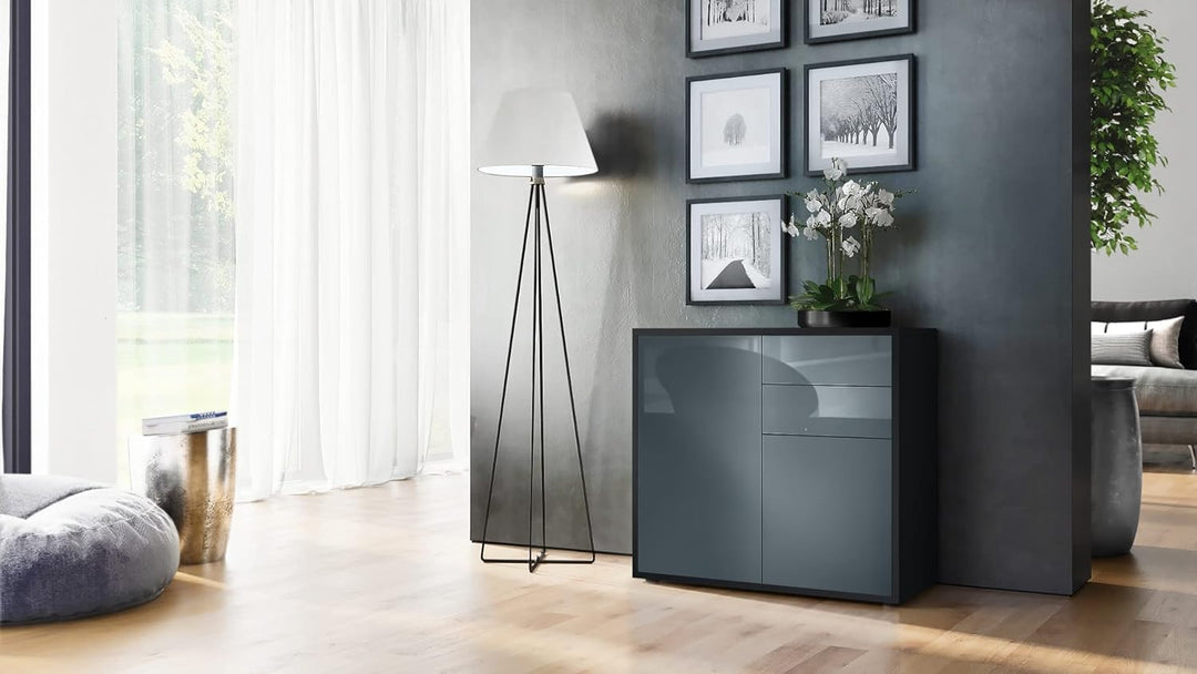 Vladon Sideboard Ben, Kommode mit 2 Türen und 2 Schubladen, Schwarz matt/Grau Hochglanz (79 x 74 x 3