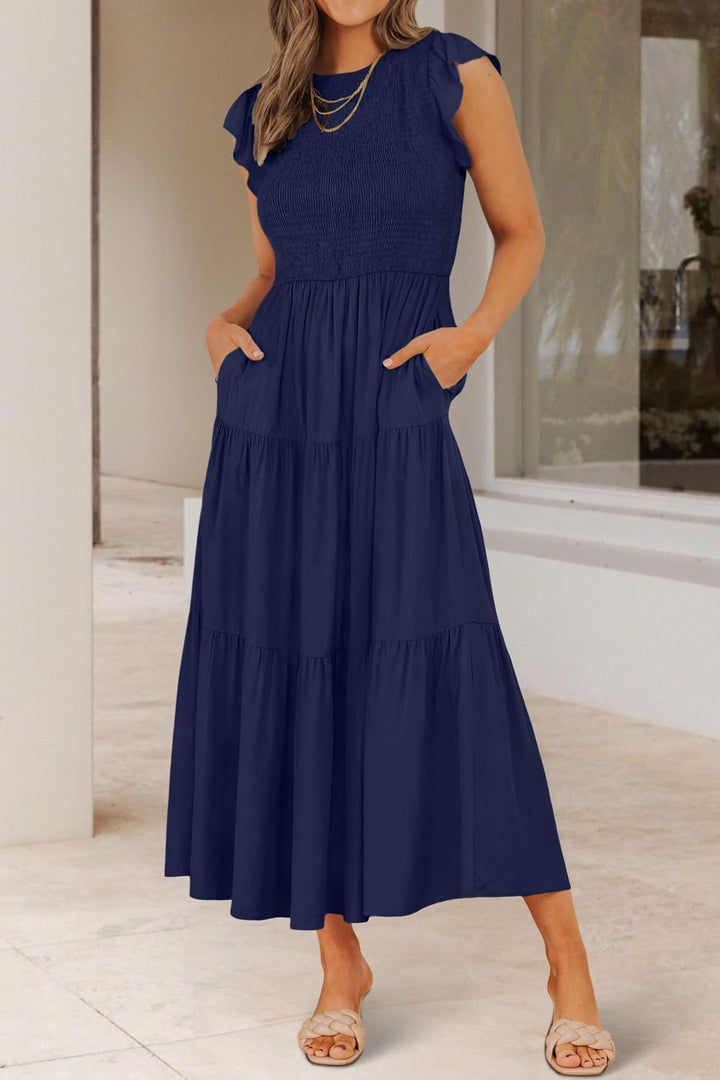 Damen Sommerkleid A Linie Kleider Kurzarm Kleid Midi Freizeitkleid S Dunkelblau, S Dunkelblau