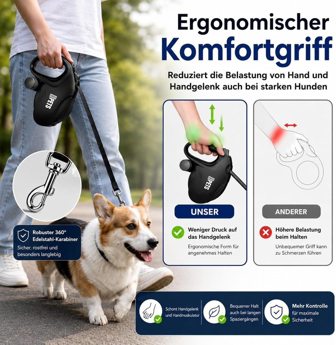 Rollleine Hundeleine 10m für grosse Hunde bis 50 kg - Ausziehbare Hundeleine 10 m mit Kotbeutel - Re