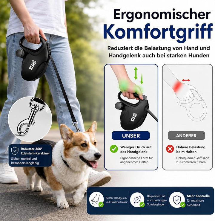 Rollleine Hundeleine 10m für grosse Hunde bis 50 kg - Ausziehbare Hundeleine 10 m mit Kotbeutel - Re
