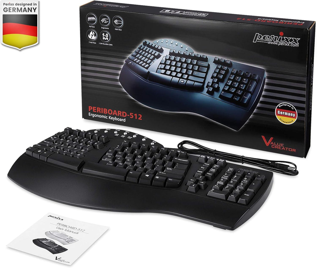 Perixx Periboard-512 Ergonomische Geteilte Tastatur, Natürliches ergonomsiches Design, 485 x 236 x 4