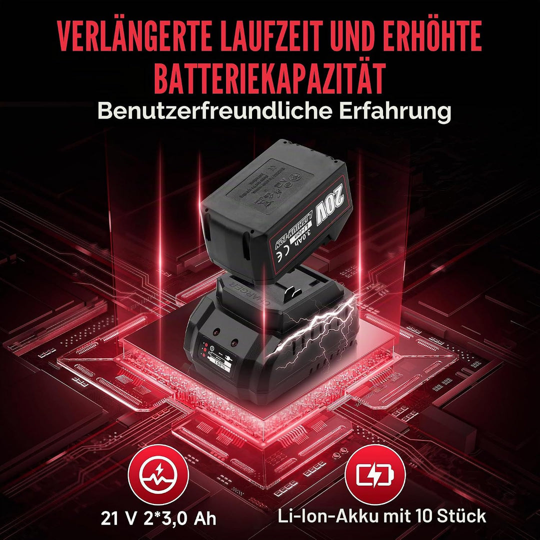 TEENO Akku-Schlagschrauber bürstenlos, 320 Nm Schlagschrauber mit 3,0 Ah Akku, Radbolzen, Box mit 25
