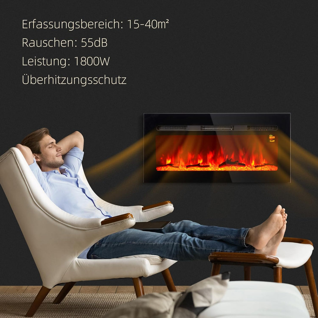 HOMCOM Elektrokamin, Wandkamin mit Heizung 1800 W, LED 3D-Flammeneffekt, Kristalle, in 3 Farben mit