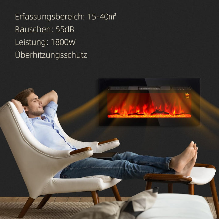 HOMCOM Elektrokamin, Wandkamin mit Heizung 1800 W, LED 3D-Flammeneffekt, Kristalle, in 3 Farben mit