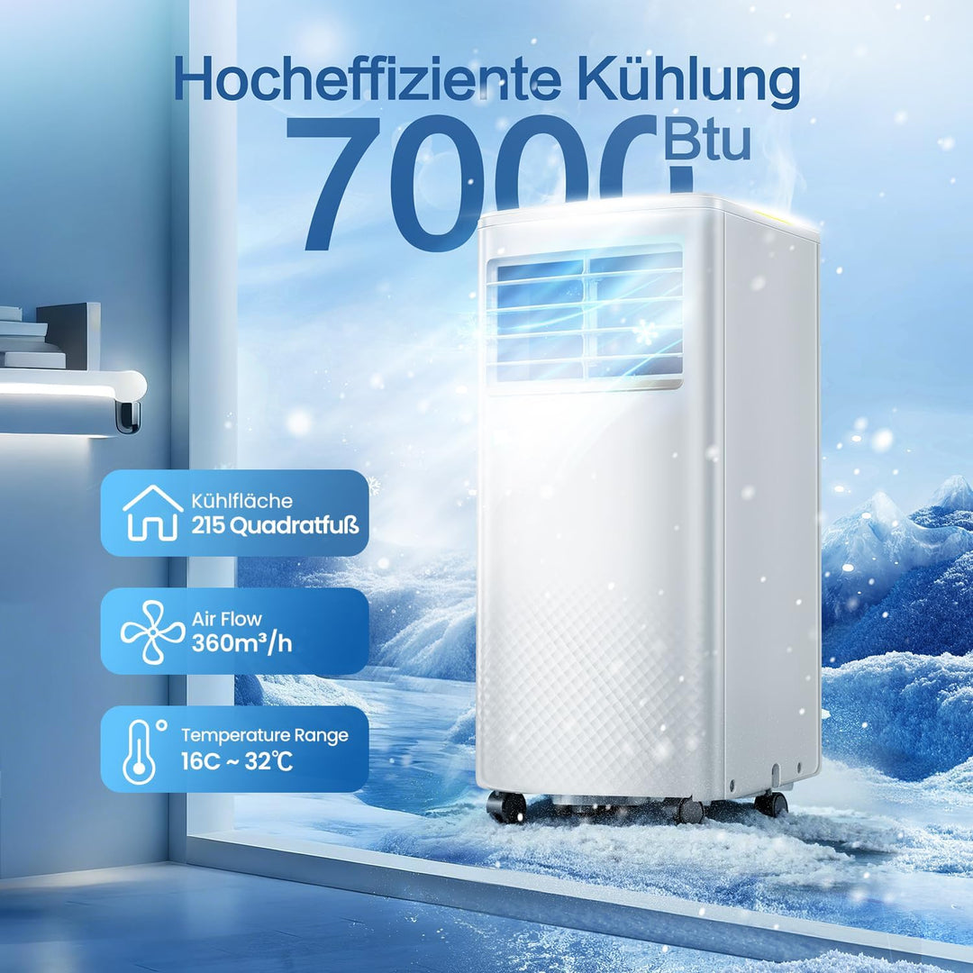 4 in 1 Mobiles Klimagerät, 7000 BTU Mobile Klimaanlage mit Kühlung, Luftzirkulation, Entfeuchtung, P