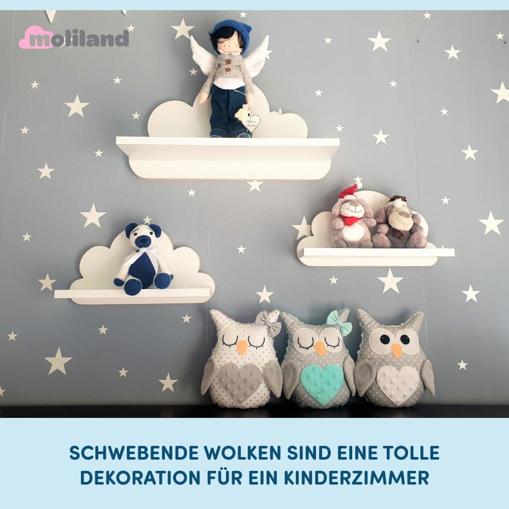 3er Set Wandregal Kinderzimmer Weiss | Babyzimmer Wolkenregal für Bücher, Spielzeug, Dekoration | Re