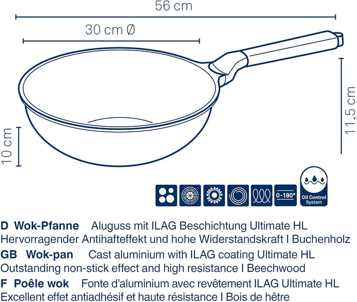 kela Wok-Pfanne Vitana, Ø 30 cm, 5 L, Aluguss, grau, recycelbar, Allherdboden, antihaftbeschichtet,